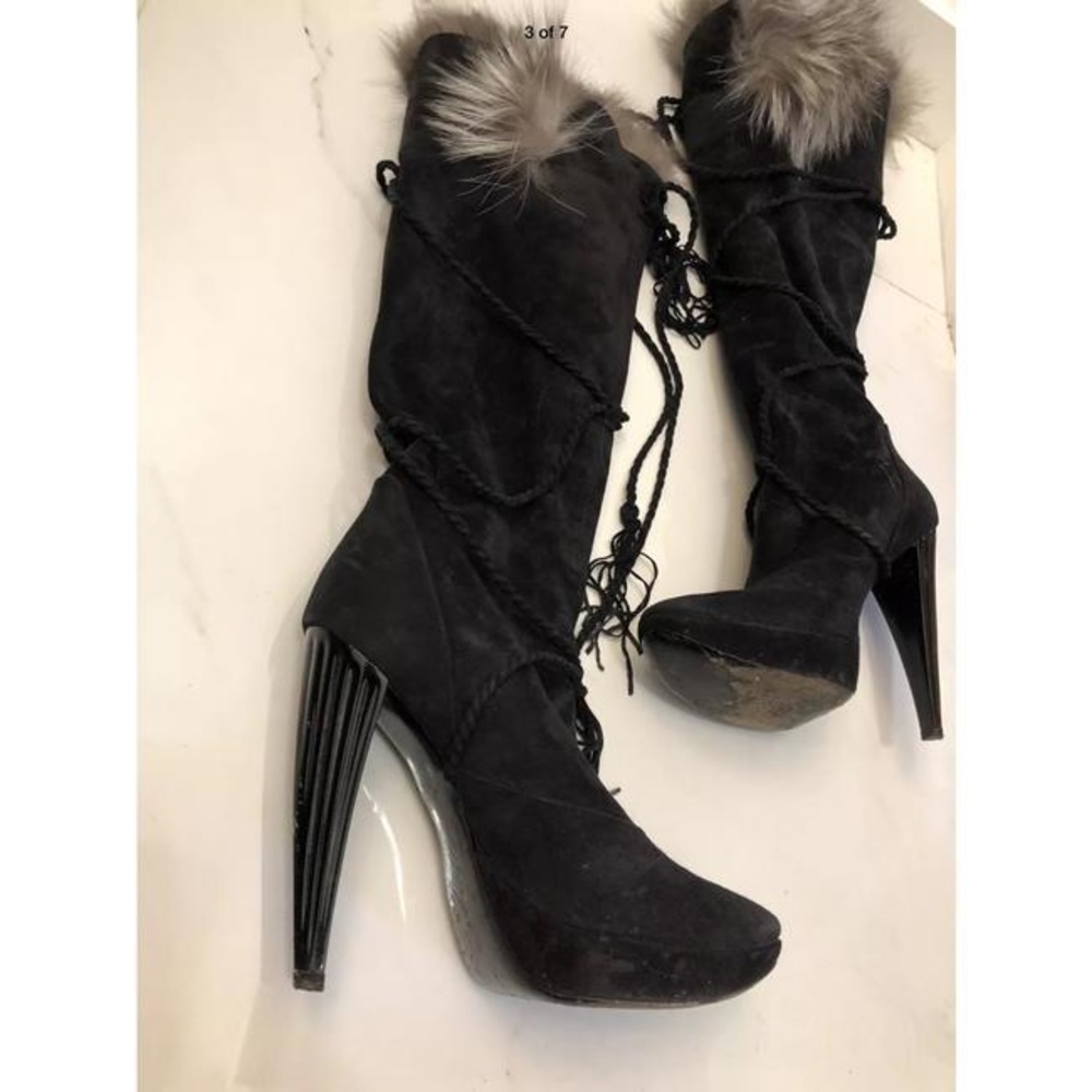 RARE🎈✔️💯 Roger Vivier Suede w Fox Fur Boots - Picture 4 of 8